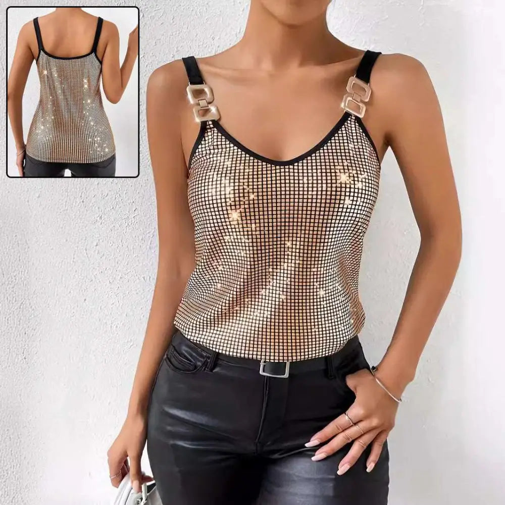 Gold summer sequined suspender chain vest top featuring a shimmering gold mesh tank with black trim and square metal clasps