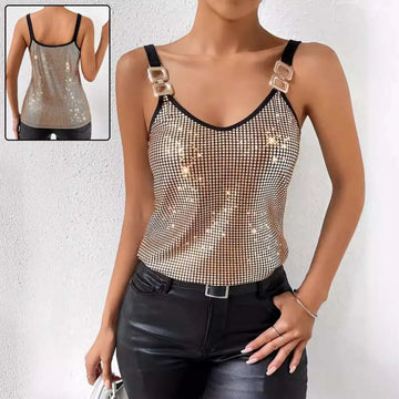Gold summer sequined suspender chain vest top featuring a shimmering gold mesh tank with black trim and square metal clasps