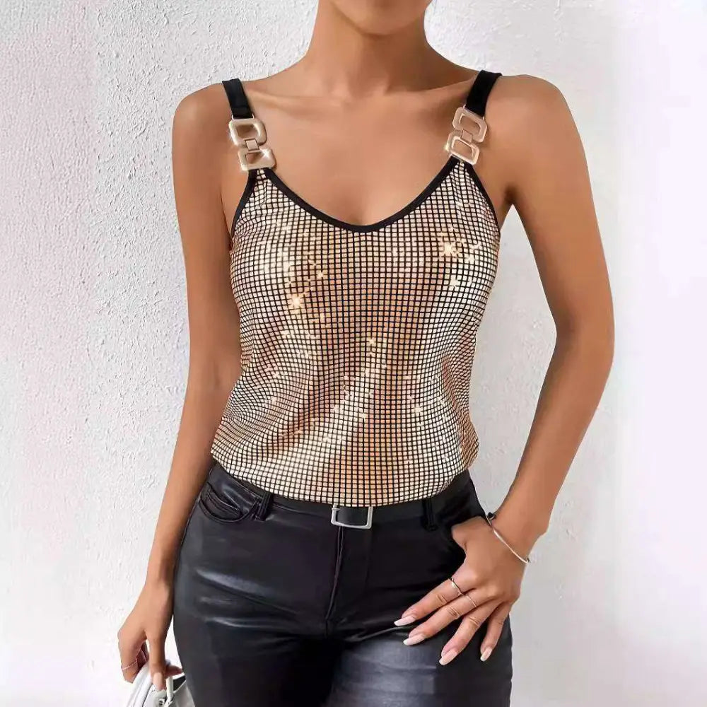 Black mesh tank top with gold sequins and metallic buckle straps featuring a summer sequined suspender chain design