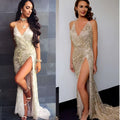 Gold v neck strap sequin dress with high slit and elegant train in shimmering gold fabric for evening wear