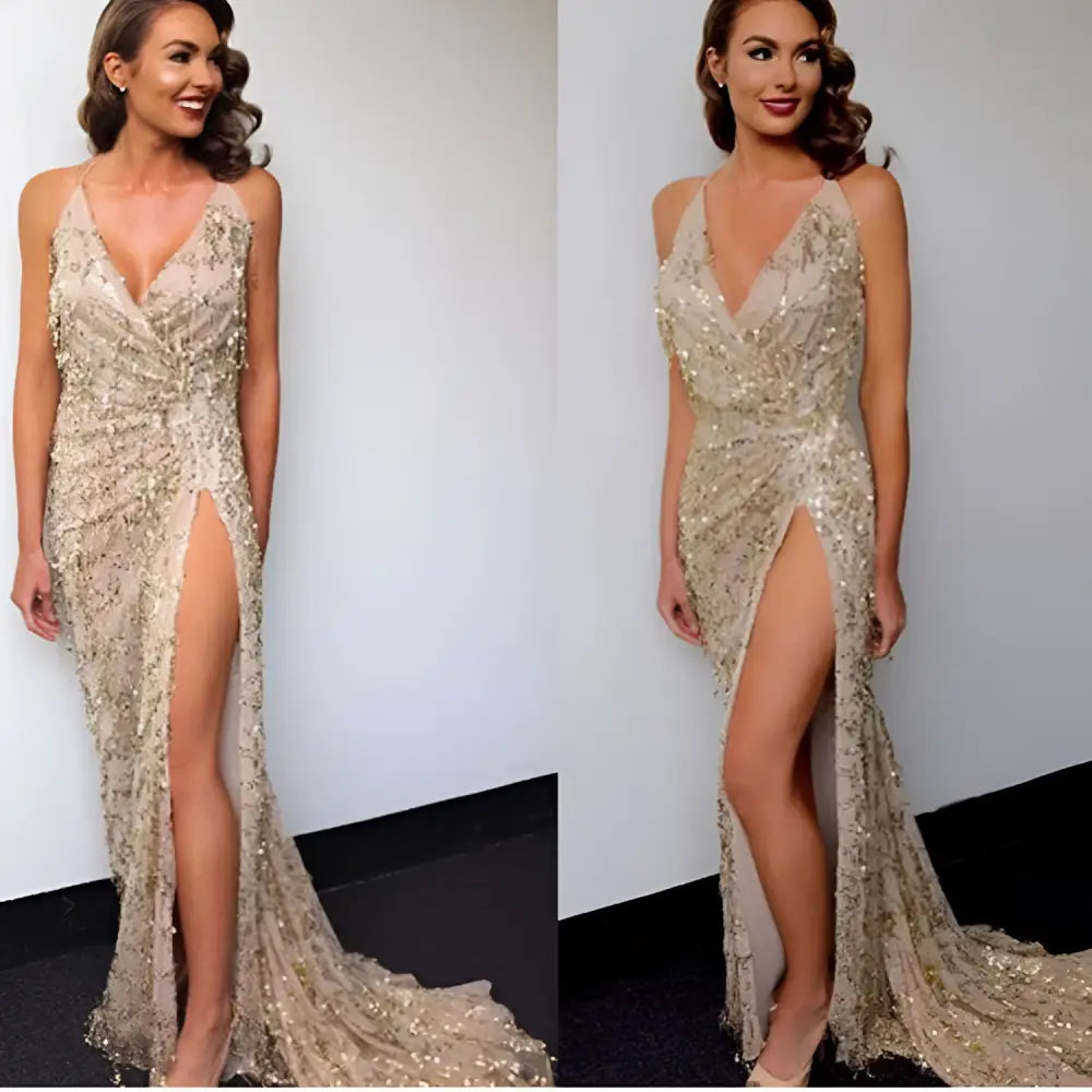 Gold v neck halter strap sequin dress with high slit in shimmering gold for elegant evening wear