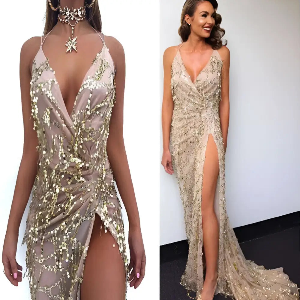 A shimmering champagne gold v neck strap sequin dress with a plunging neckline and high slit adorned with gold beads