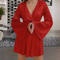 A vibrant red sequined mini dress with bell sleeves and a deep v-neckline for slimming senior party wear