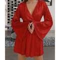 A vibrant red long-sleeved sequined mini dress with deep v-neck and bell sleeves for slimming senior party use
