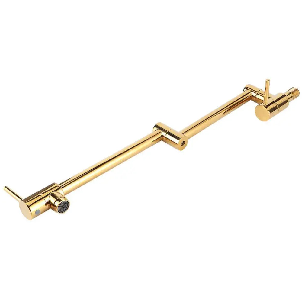 Gold wall mounted single hole kitchen faucet with gold extendable shower head and sleek metallic finish with adjustable joints