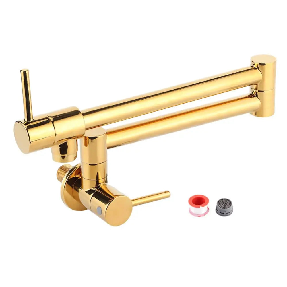 Gold wall mounted single hole kitchen faucet with gold metallic finish, extendable spout, and dual handles for water control