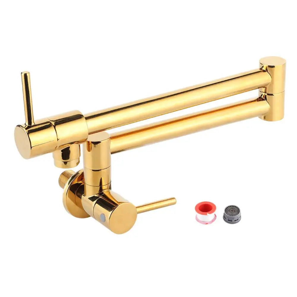 Gold wall mounted single hole kitchen faucet with extendable gold-colored metallic finish and two handles for water control