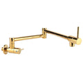 Gold wall mounted single hole kitchen faucet with extendable spout, metallic finish, and two control knobs