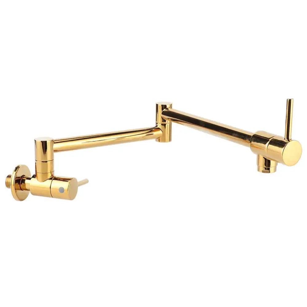 Gold wall mounted single hole kitchen faucet with extendable spout, metallic finish, and two control knobs