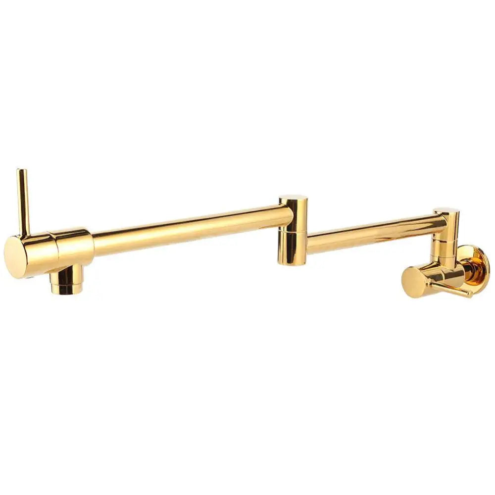 Gold wall mounted single hole kitchen faucet with extendable gold-colored metallic finish and two handles for water control