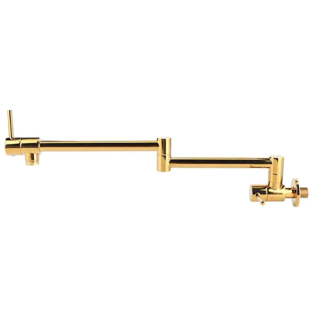 Gold wall mounted single hole kitchen faucet with gold metallic finish and extendable adjustable arms for versatile use