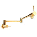 Gold wall mounted single hole kitchen faucet with extendable spout, sleek metallic finish, and two control knobs