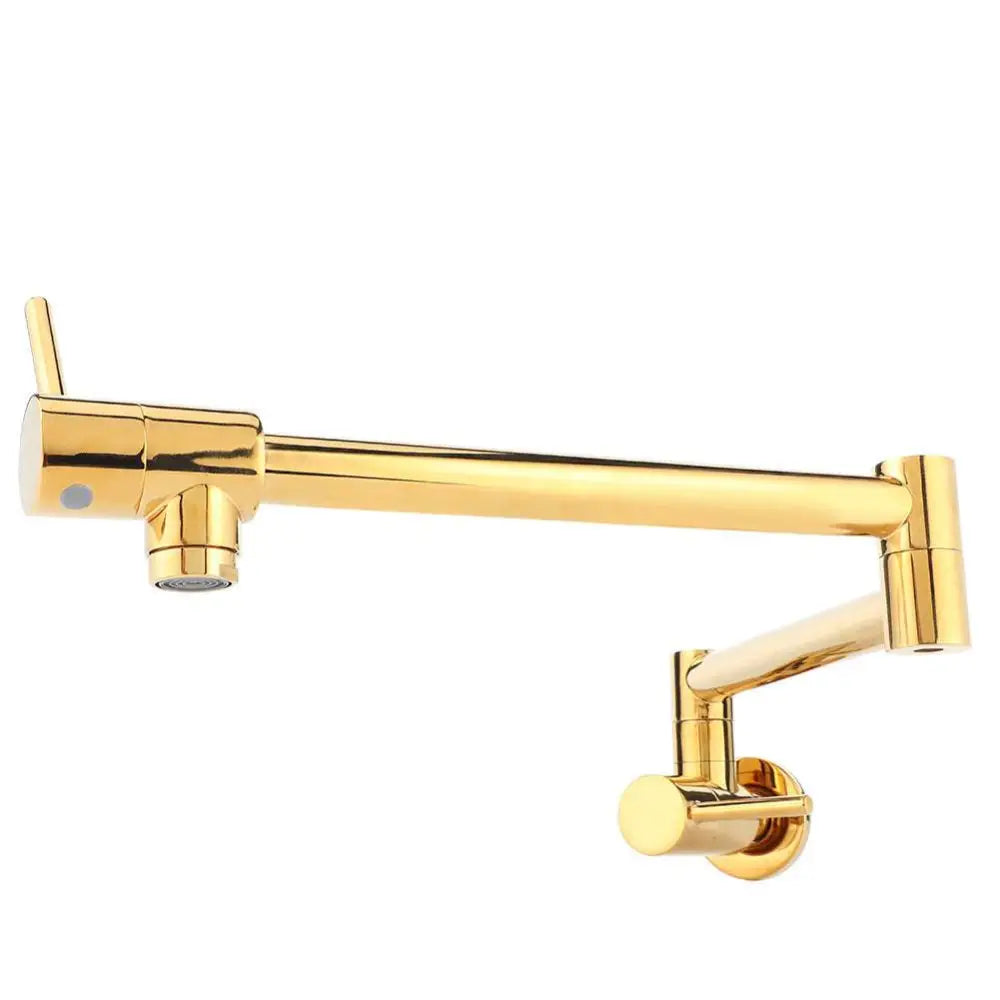 Gold wall mounted single hole kitchen faucet with a gold metallic finish and extendable articulated arm design