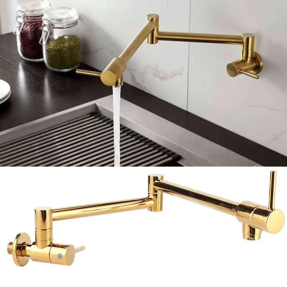 Gold wall mounted single hole kitchen faucet in gold with extendable two-handle design and sleek metallic finish