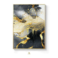 A golden black abstract wall art poster with flowing ink washes and golden bird silhouettes in a slender gold frame