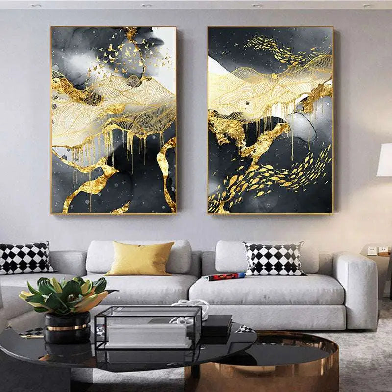 Two matching golden black abstract wall art posters featuring white swirling patterns in thin golden lines on dark background