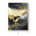 Golden black abstract wall art poster featuring flowing golden lines and fish motifs framed in a sleek gold border