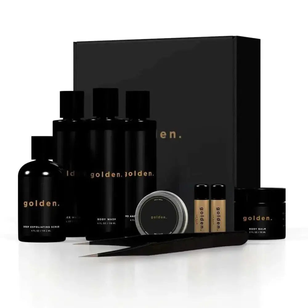 Black glass bottle with gold lettering and black cap from the golden body skin care kit beard butter product