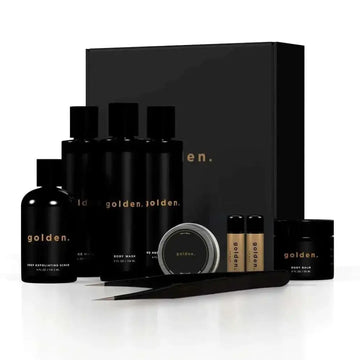 Black glass bottle with gold lettering and black cap from the golden body skin care kit beard butter product