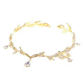 Golden crown headband wedding headdress with gold leaves and dangling teardrop-shaped crystal accents