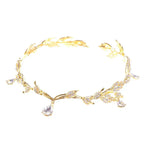Golden crown headband wedding headdress with gold leaves and dangling teardrop-shaped crystal accents
