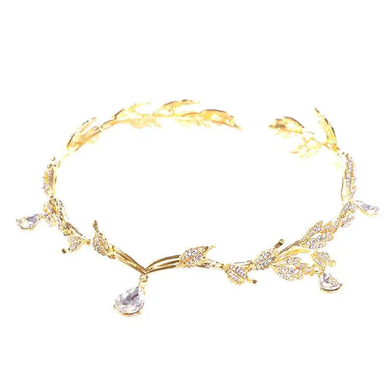 Golden crown headband wedding headdress with gold leaves and dangling teardrop-shaped crystal accents