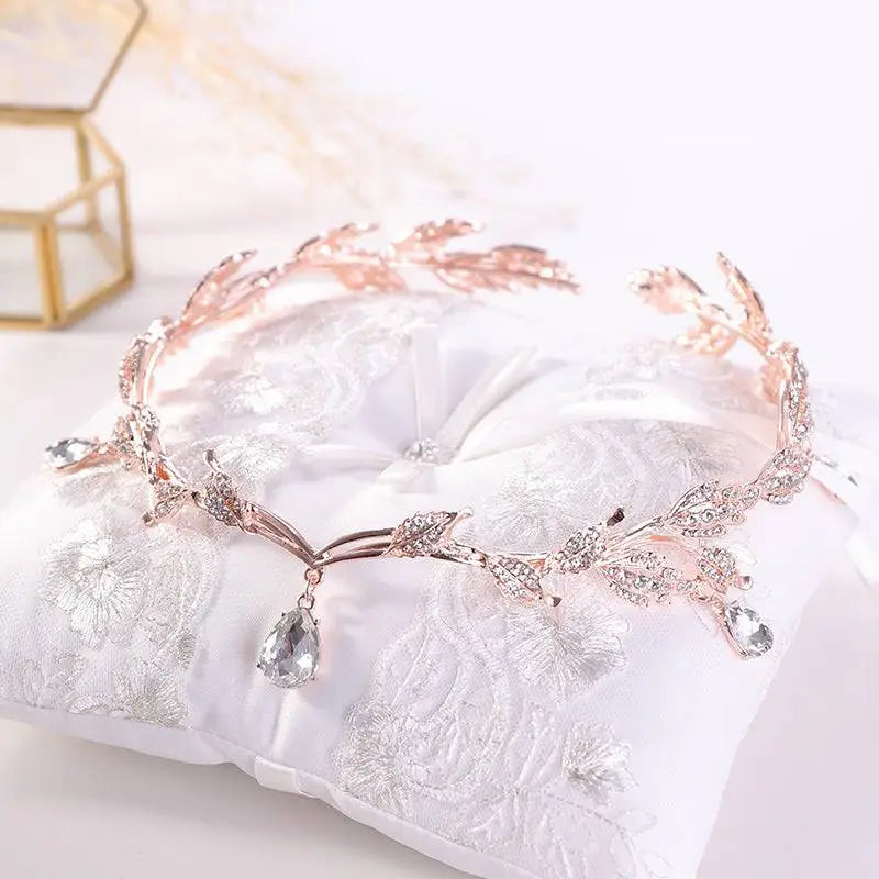 Rose gold leaf golden crown headband wedding headdress adorned with sparkling crystals and teardrop pendants