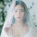 A golden shiny big veil in white sheer fabric adorned with star-shaped embellishments in gold and silver
