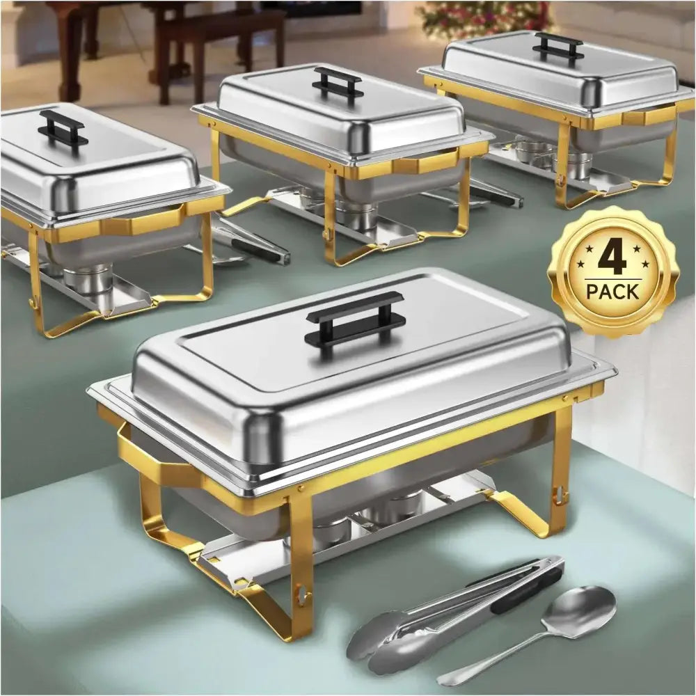 Stainless steel chafing dish buffet set with gold frame and black handle kscocina chafing dish 4-pack