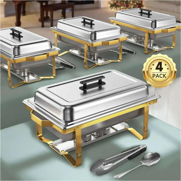 Stainless steel kscocina chafing dish buffet set with gold frame and black handle part of four-piece dish buffet set