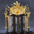 Golden ornate traditional chinese headdress with floral motifs and tassel chains for tassel suit wedding cheongsam hair