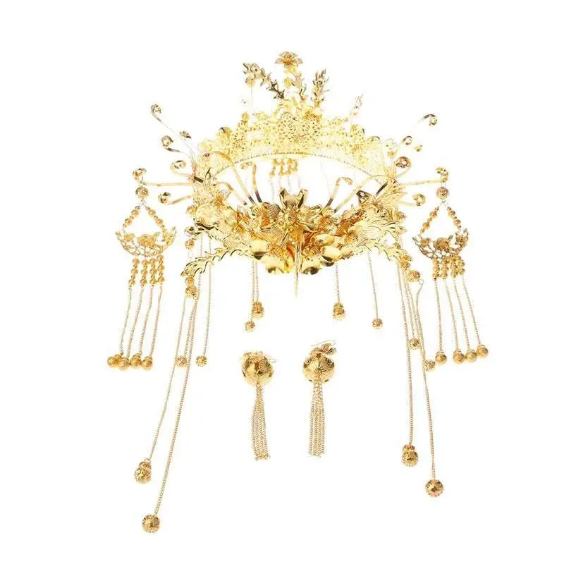 Golden ornate tassel suit wedding cheongsam hair accessory with intricate floral motifs and dangling bead chains