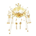 Golden ornate tassel suit wedding cheongsam hair accessory with intricate floral and leaf designs and bead-adorned tassels