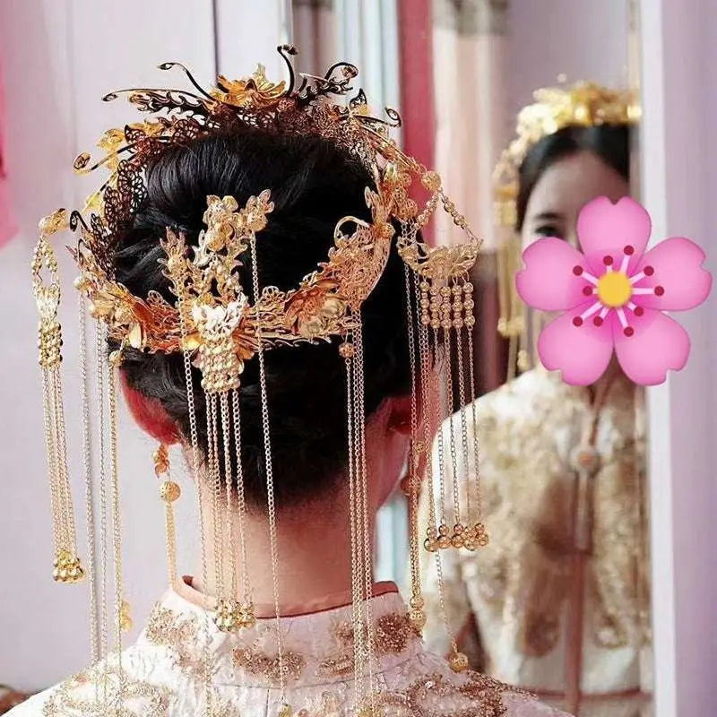 Golden ornate wedding cheongsam hair headdress with intricate filigree and dangling chains for tassel suit wedding