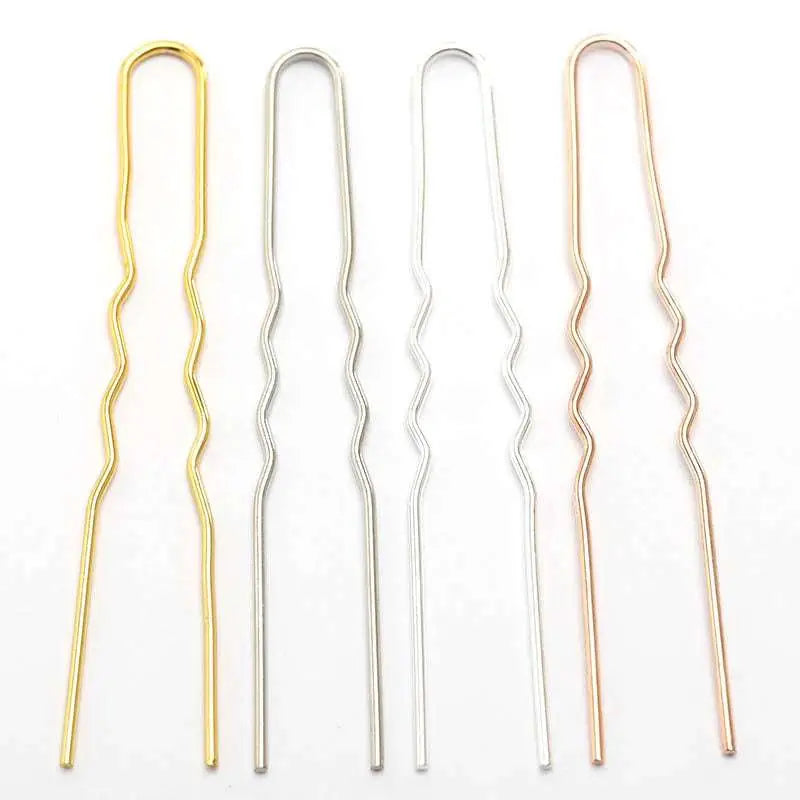 Four golden wavy metal hairpins in gold silver and rose gold with a sleek metallic finish for diy hair accessories