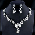 Silver floral vine bridal floral necklace and matching earrings set adorned with sparkling crystals golden zircon jewelry