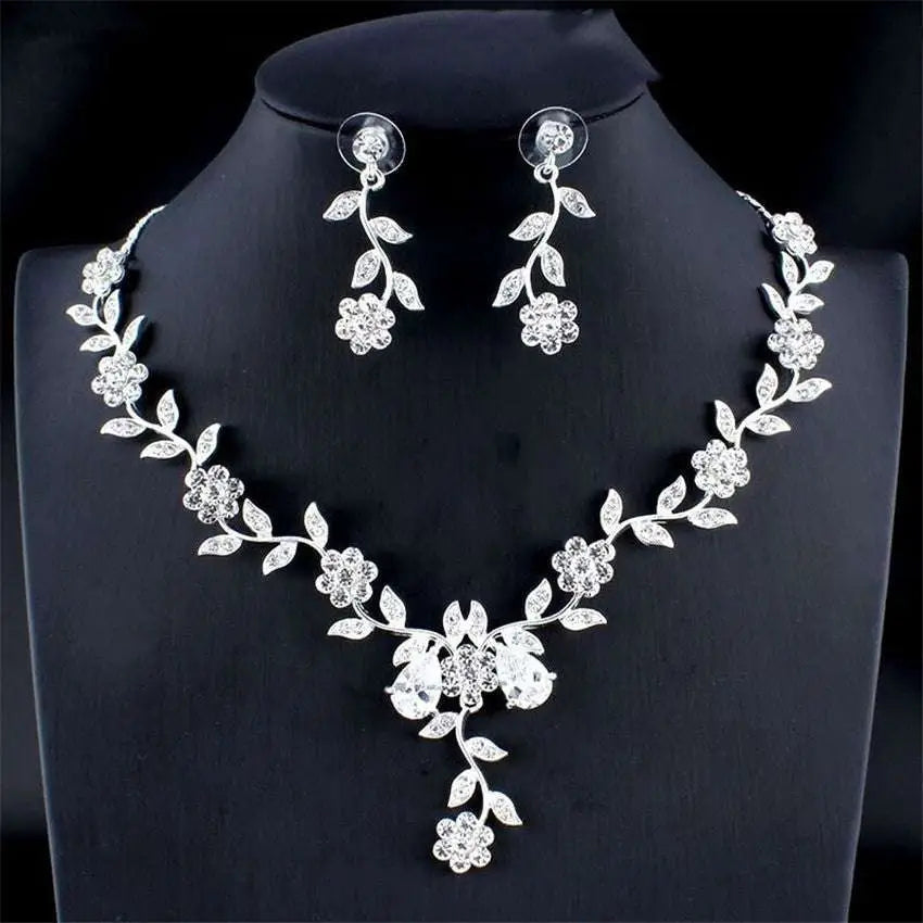 Silver floral vine bridal floral necklace and matching earrings set adorned with sparkling crystals golden zircon jewelry