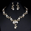 Gold-toned bridal floral necklace and earrings zircon jewelry set adorned with clear crystals for elegant occasions