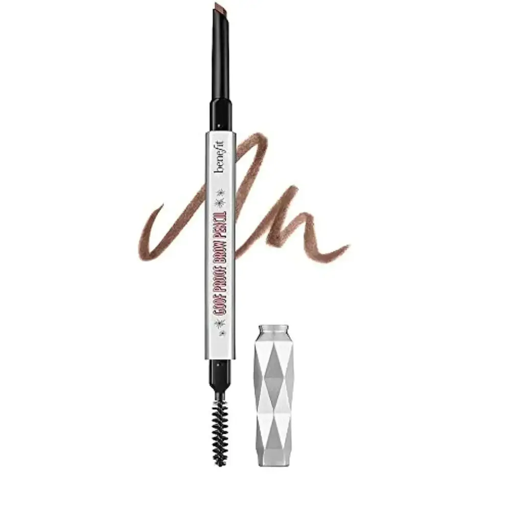 Benefit cosmetics goof proof waterproof eyebrow pencil with silver barrel, black tips, angled brow brush, and spoolie end