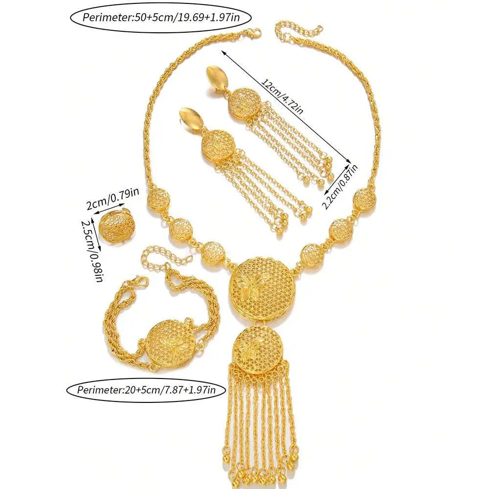 Golden filigree wedding decoration necklace with gorgeous butterfly middle ring set and dangling chain tassels