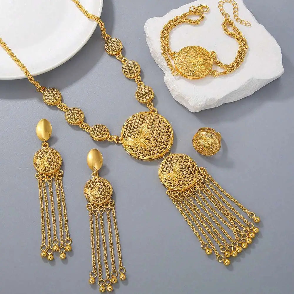 Golden filigree wedding decoration necklace with gorgeous butterfly middle ring set and dangling chain tassels