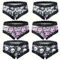 Set of six black and white gothic contrast lace hipster panties featuring skull rose and cat designs with lace trim
