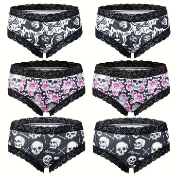 Set of six black and white gothic contrast lace hipster panties featuring skull rose and cat designs with lace trim