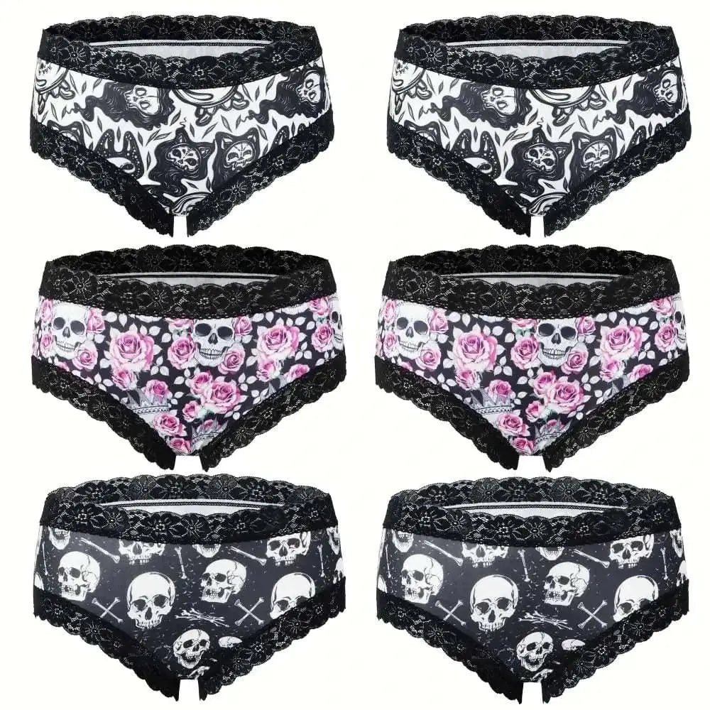 Set of six black and white gothic contrast lace hipster panties featuring skull rose and cat designs with lace trim