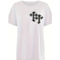 White short-sleeved round neck printed t-shirt for ladies with a black embroidered gothic cross on the chest