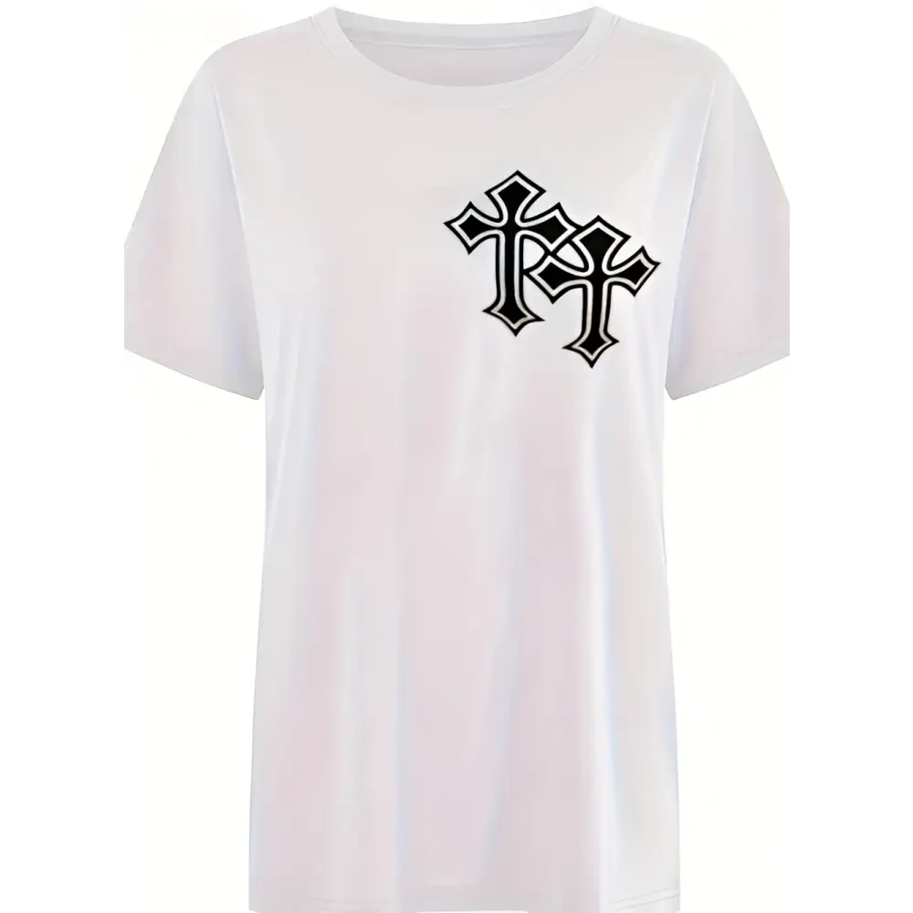 White short-sleeved round neck printed t-shirt for ladies with a black embroidered gothic cross on the chest