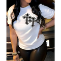 White ladies round neck printed t-shirt featuring a black gothic cross graphic on the chest