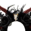 Black feathered gothic dark devil headband with red devil horn skull and white antelope horn centerpiece