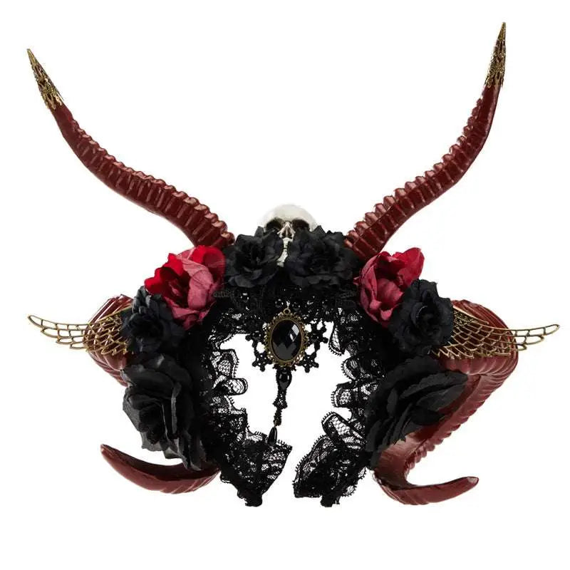 Gothic dark devil horn skull antelope horn headband with glossy crimson horns black lace and red black fabric flowers