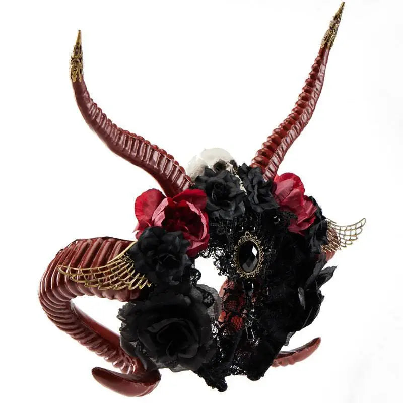 Gothic dark devil horn skull antelope horn headband with glossy red black horns lace velvet roses and gold wing accents